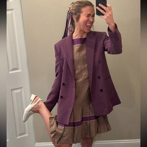 MaxMara Studio Khaki Purple Drop Waist Ruffled Prep Linen Dress Size 6